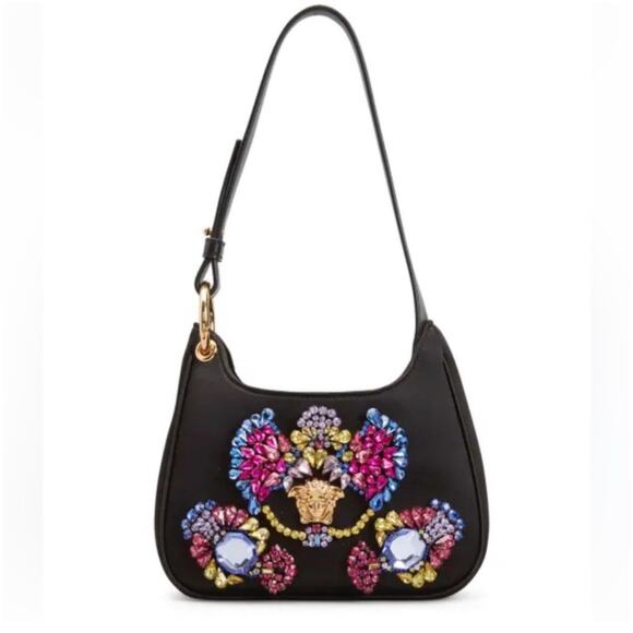 Versace Satin Crystal Embellished La Medusa 
Hobo Bag Black and Multicolor NWT - Picture 1 of 7